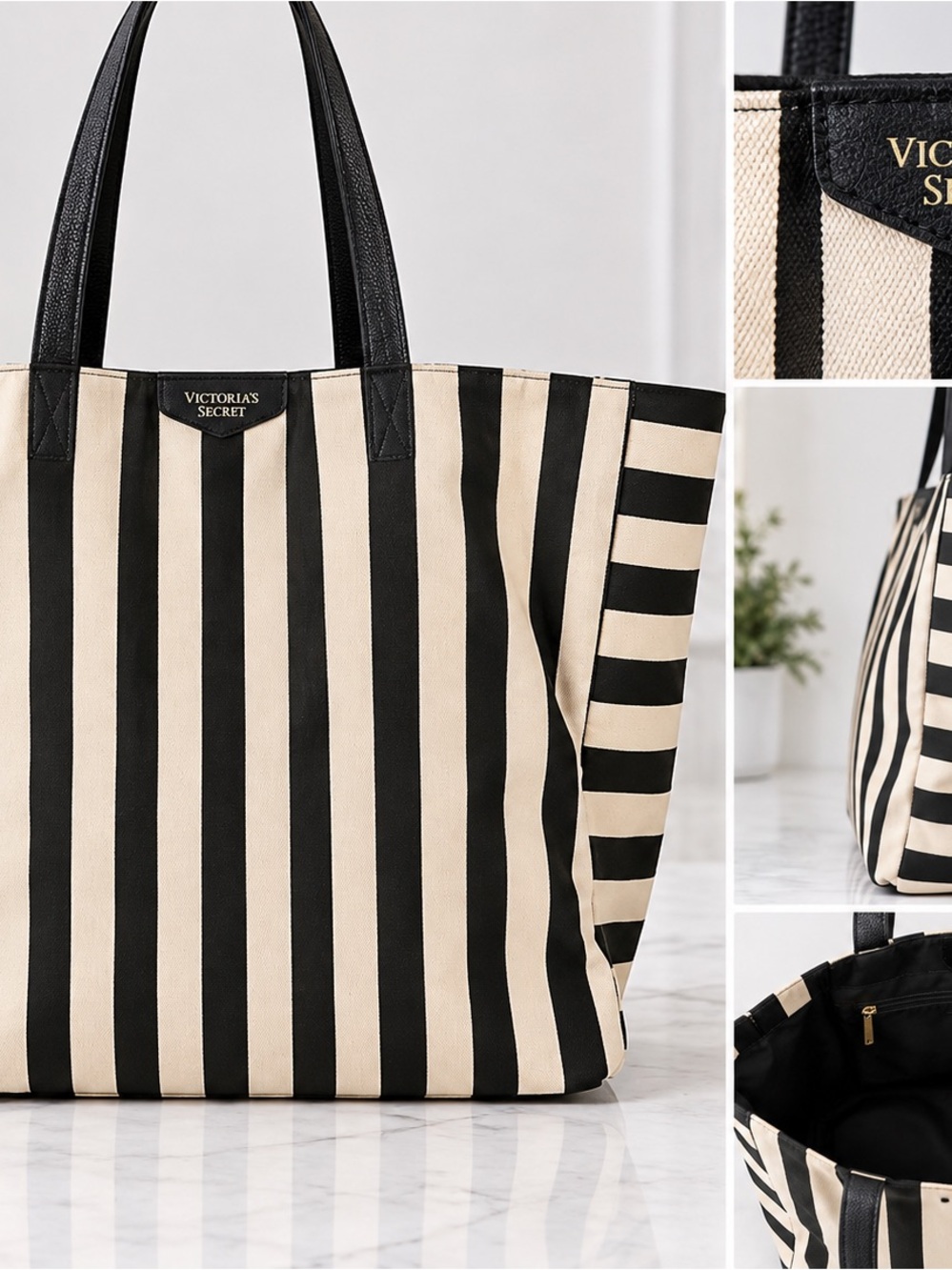 Victoria's Secret Black and Cream Vertical Stripe Tote